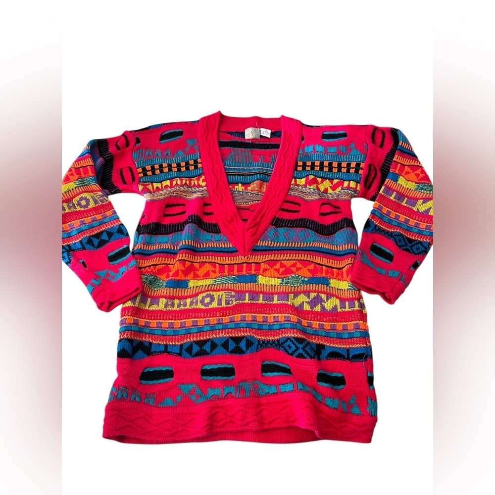 Vintage IVY Coogi Style Vibrant Multicolor Sweater V Neck Sz S